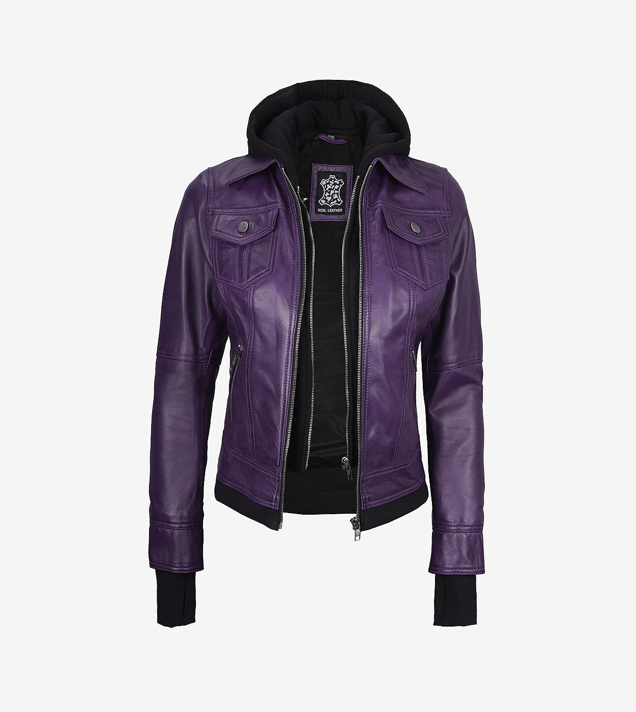 Womens Purple Bomber Leather Jacket - Removable Hood