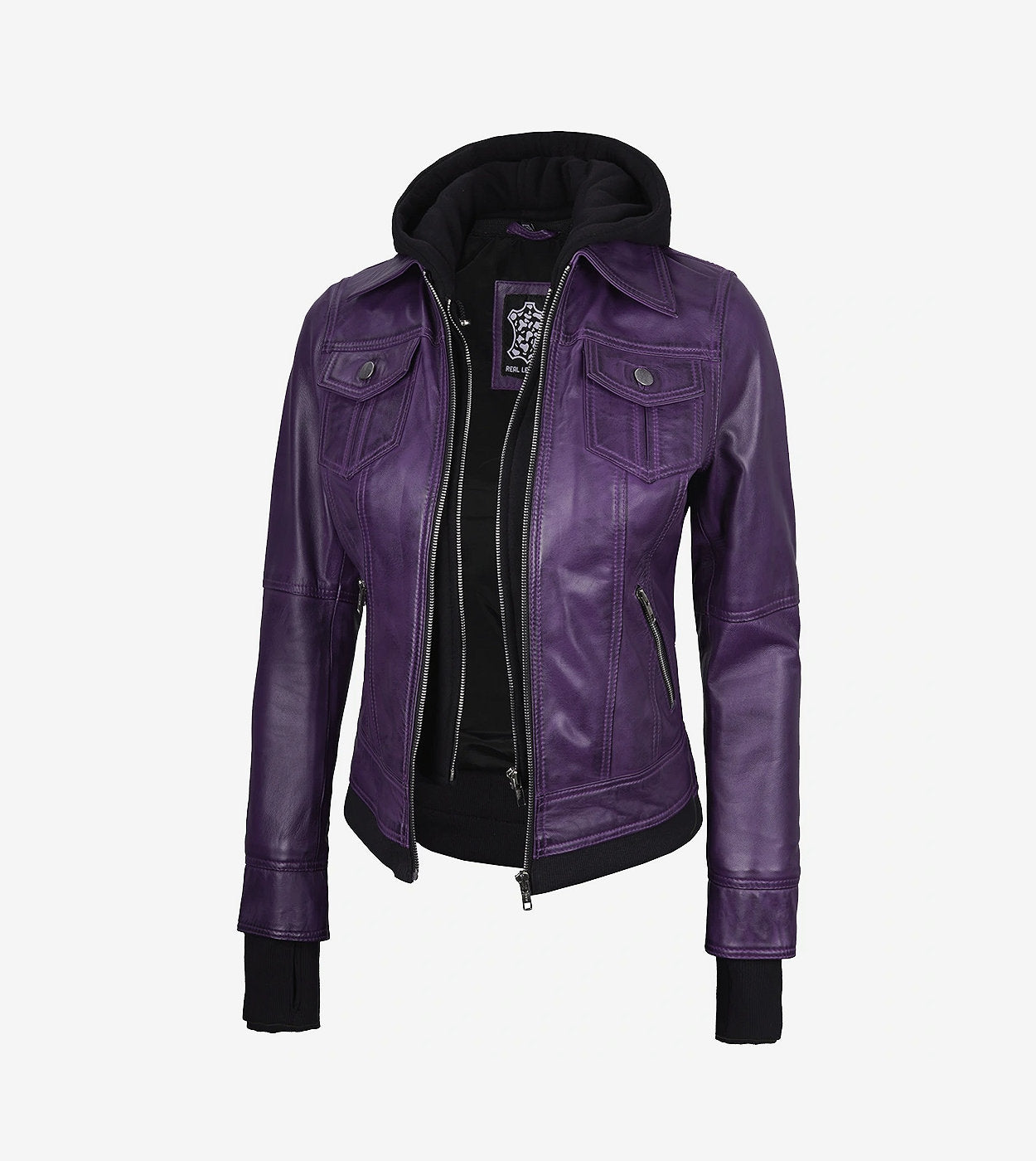 Womens Purple Bomber Leather Jacket - Removable Hood