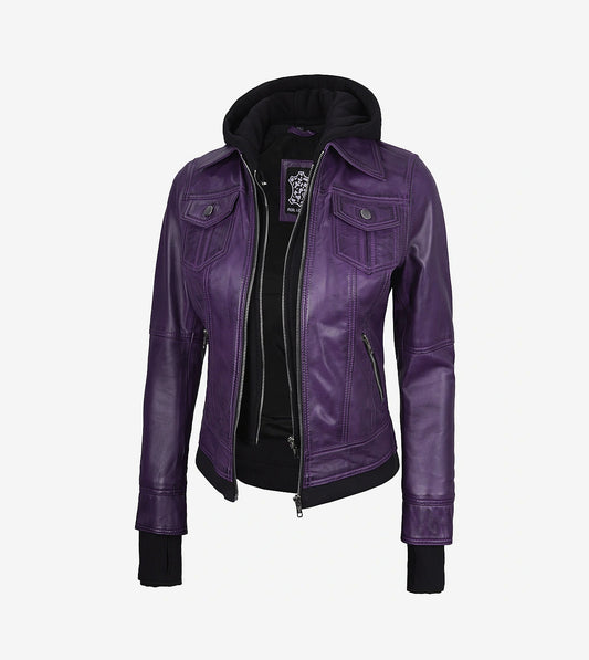 Womens Purple Bomber Leather Jacket - Removable Hood