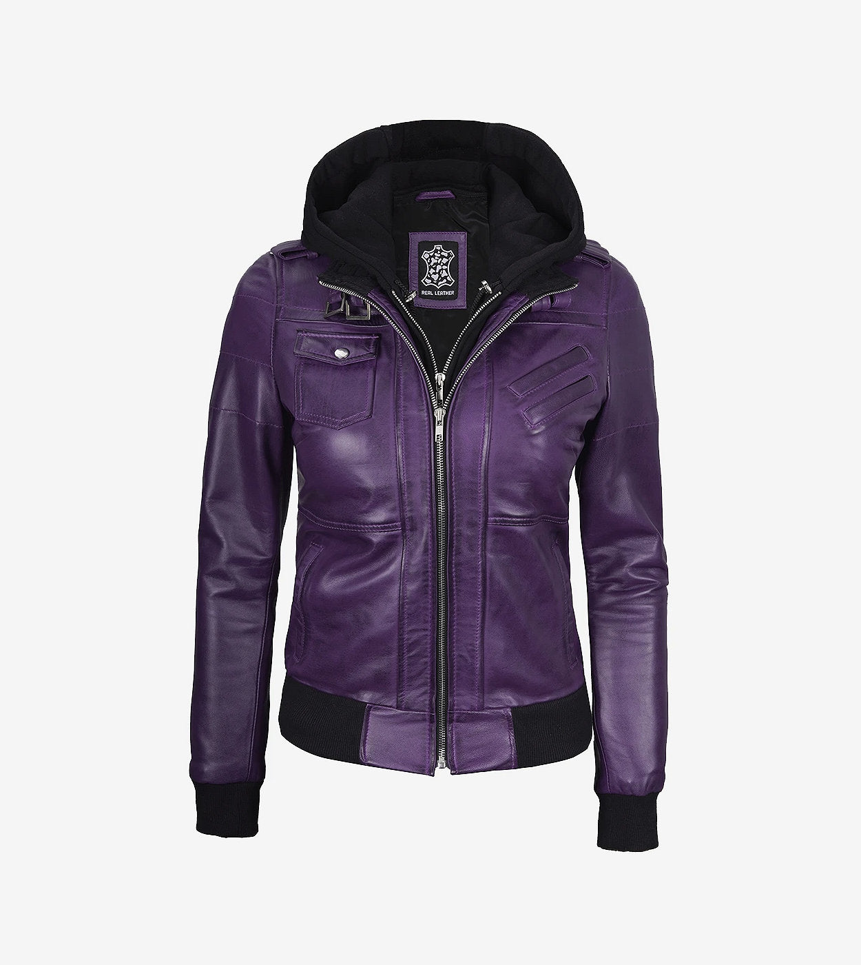 Womens Purple Bomber Leather Jacket With Removeable Hood