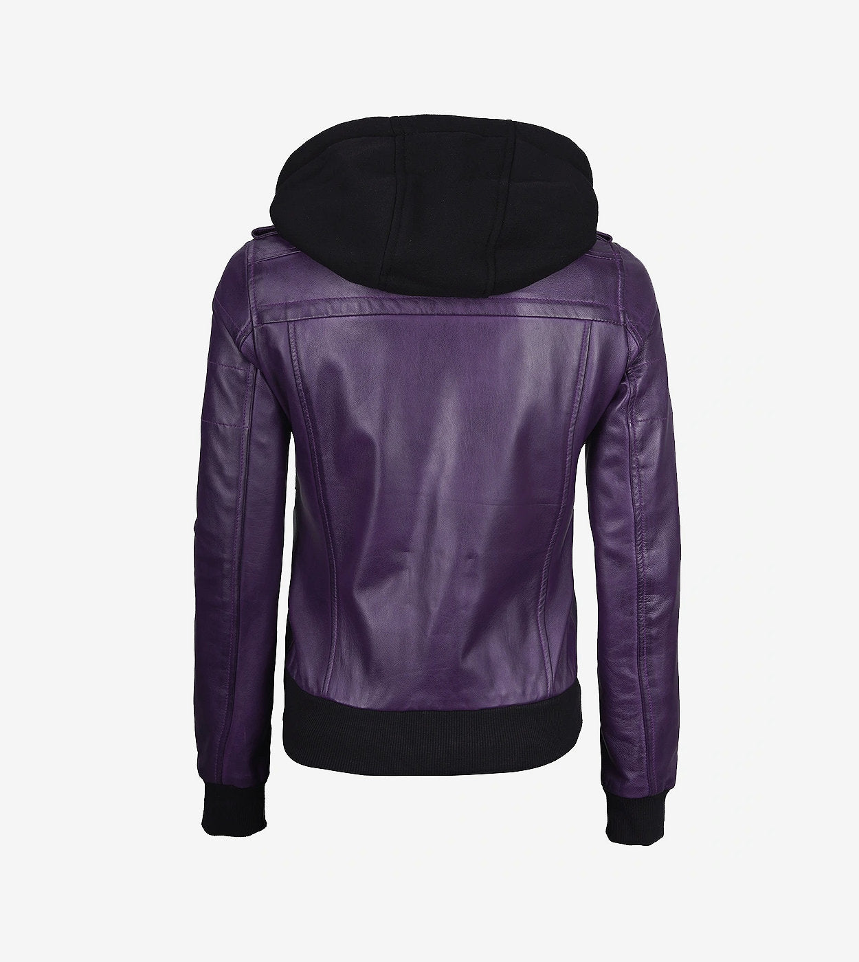 Womens Purple Bomber Leather Jacket With Removeable Hood