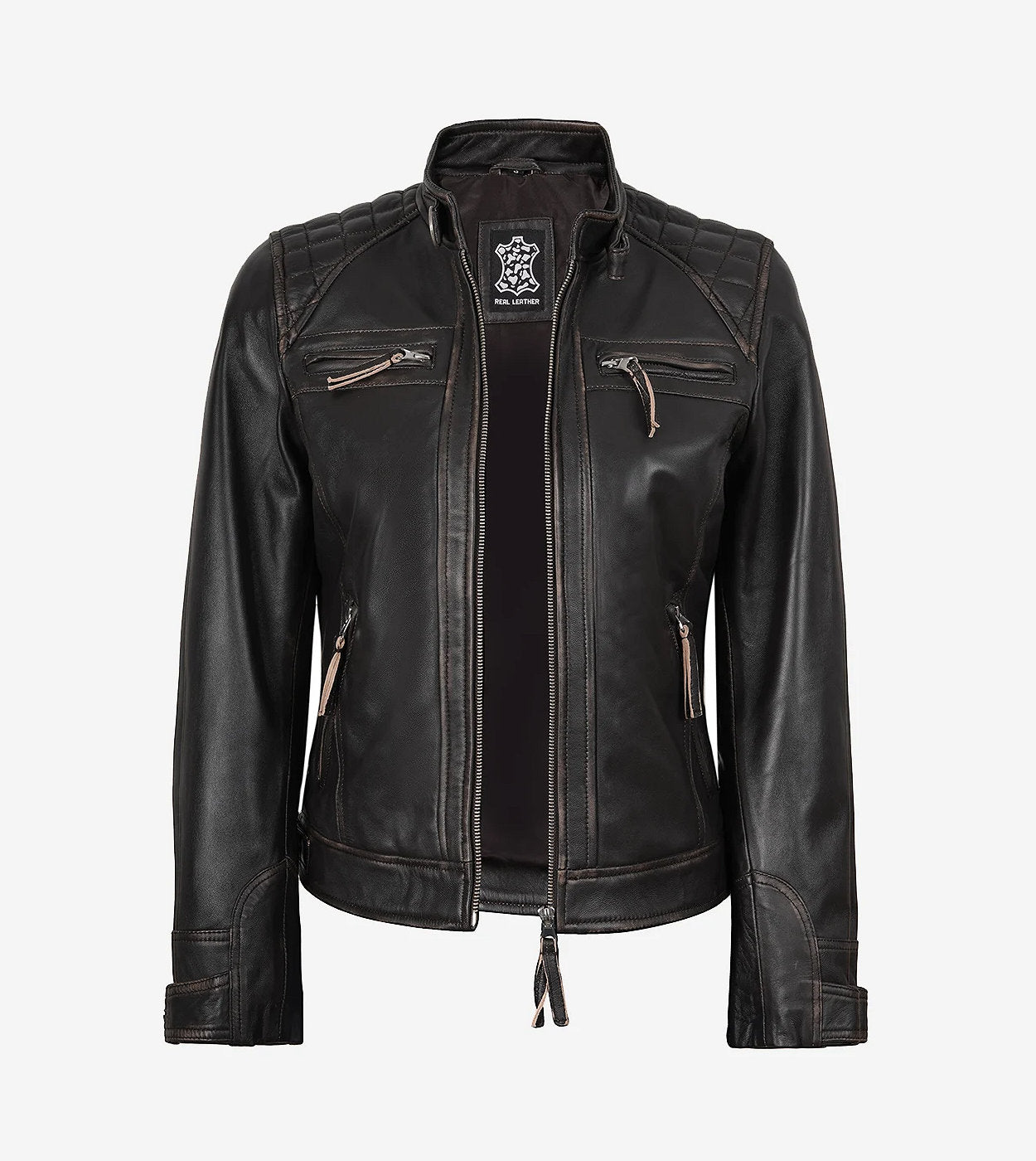 Womens Quilted Distressed Brown Real Lambskin Leather Biker Jacket