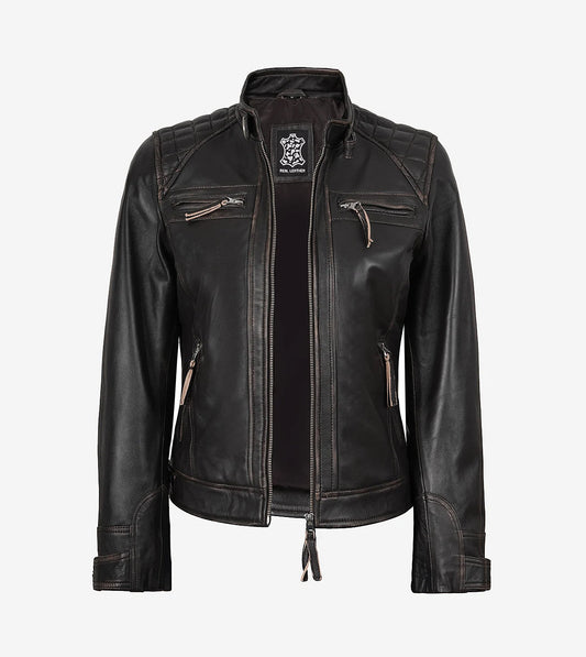 Womens Quilted Distressed Brown Real Lambskin Leather Biker Jacket