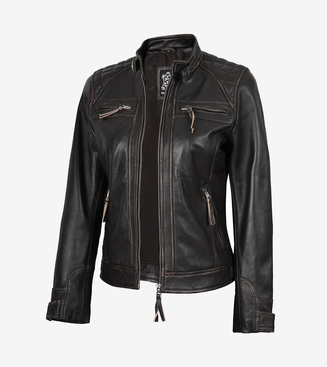 Womens Quilted Distressed Brown Real Lambskin Leather Biker Jacket