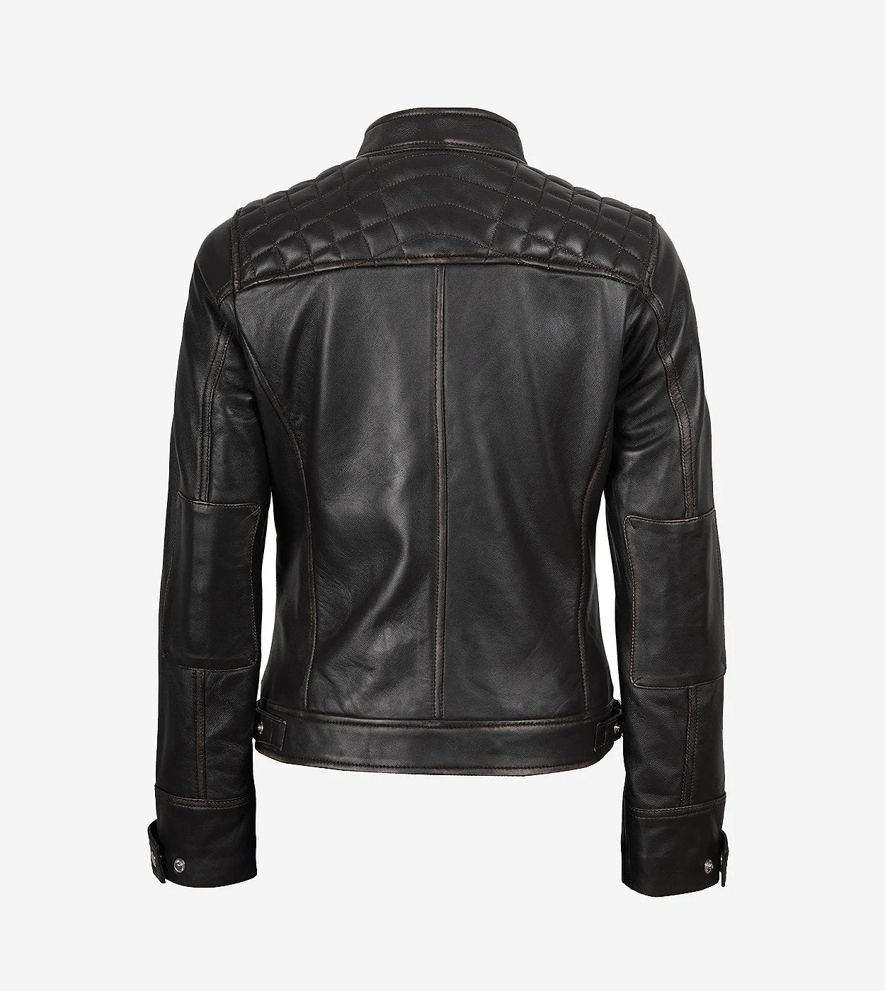 Womens Quilted Distressed Brown Real Lambskin Leather Biker Jacket