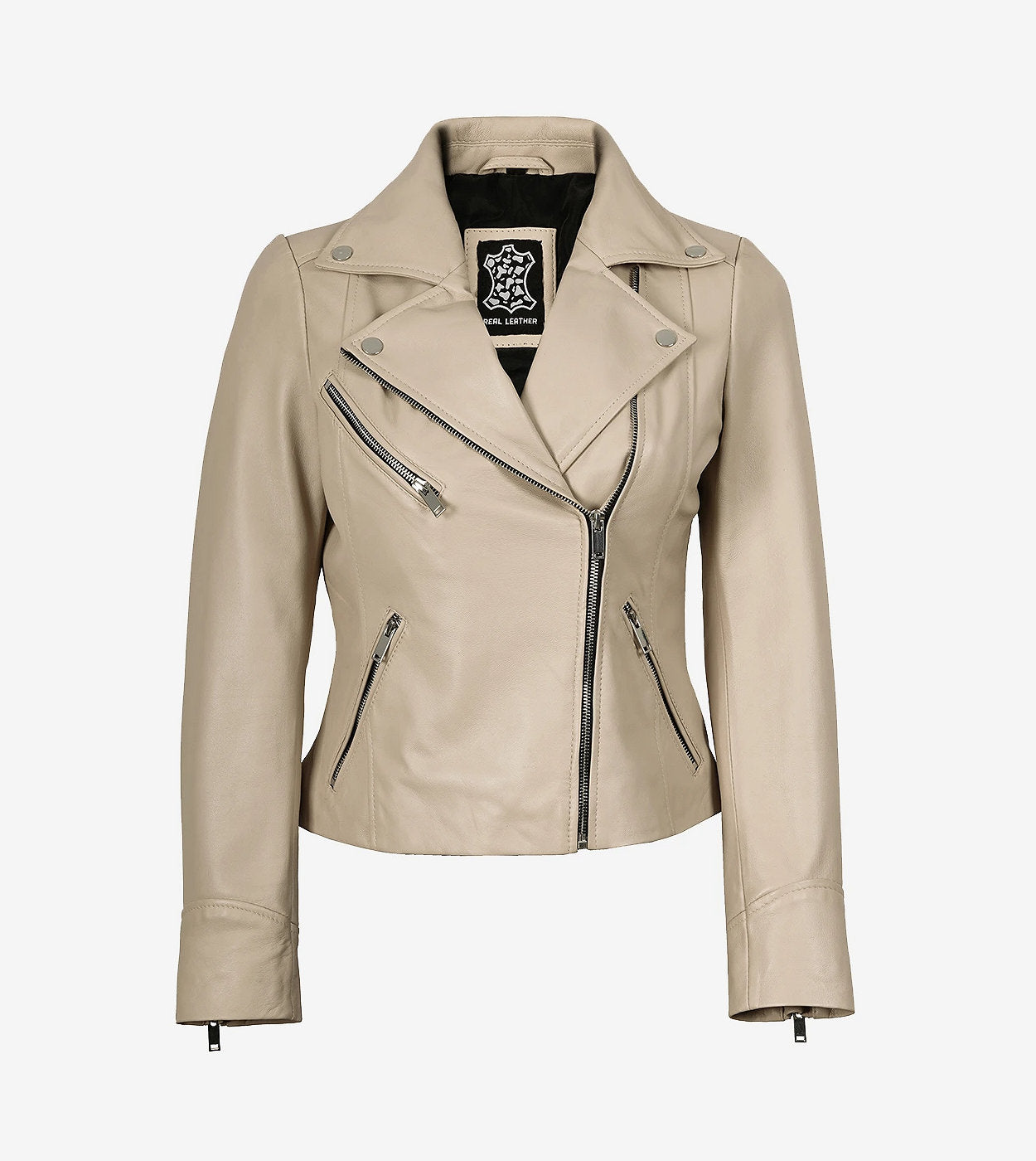 Womens Real Lambskin Leather Beige Moto Jacket