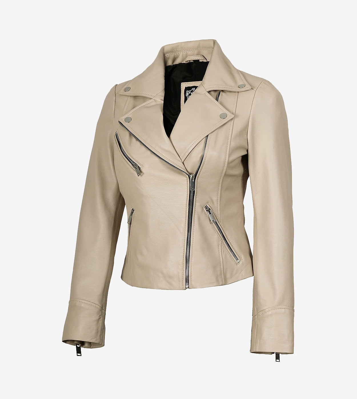 Womens Real Lambskin Leather Beige Moto Jacket