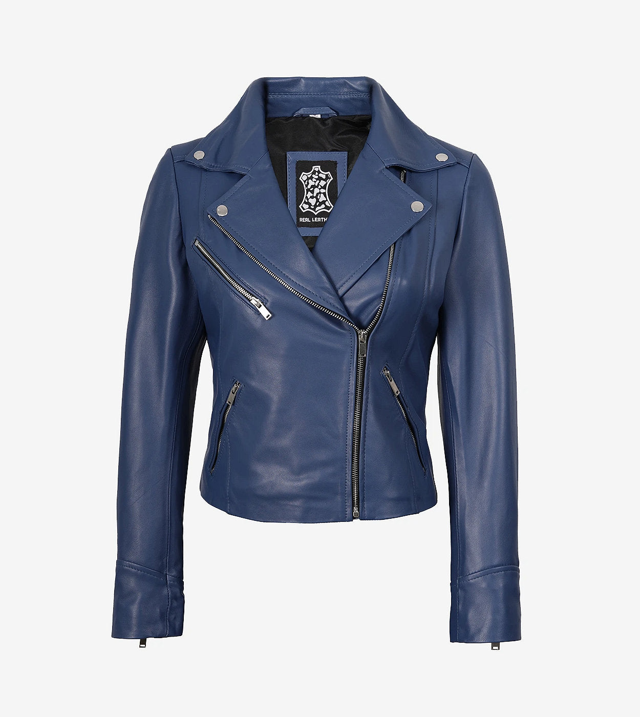 Womens Real Lambskin Leather Blue Moto Jacket