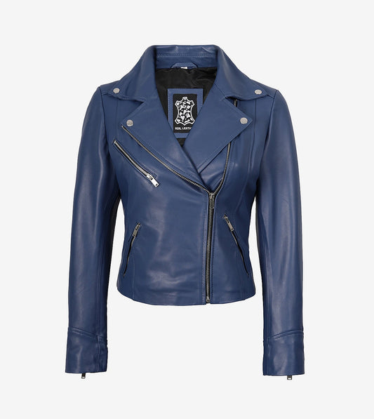 Womens Real Lambskin Leather Blue Moto Jacket