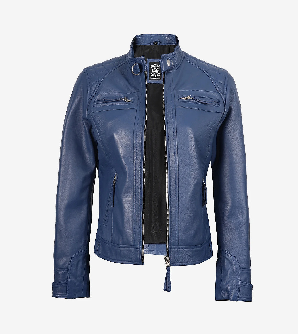 Womens Real Lambskin Leather Blue Quilted Biker Jacket