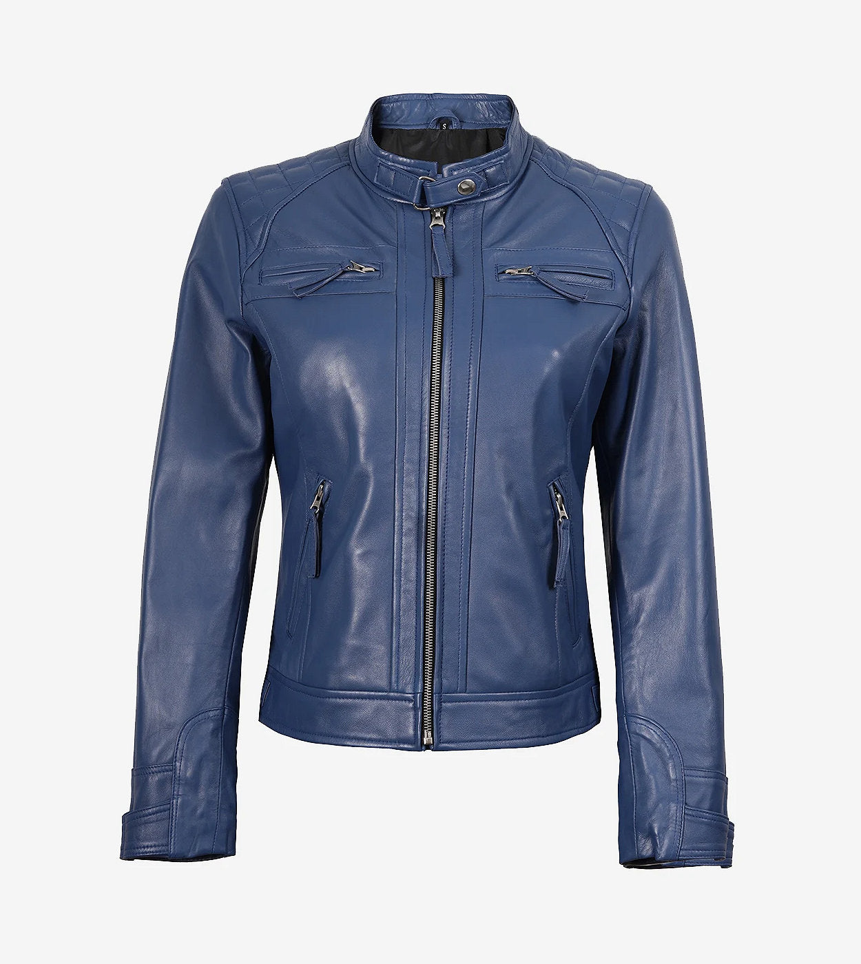 Womens Real Lambskin Leather Blue Quilted Biker Jacket