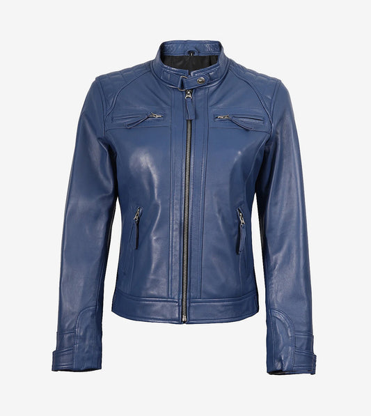 Womens Real Lambskin Leather Blue Quilted Biker Jacket