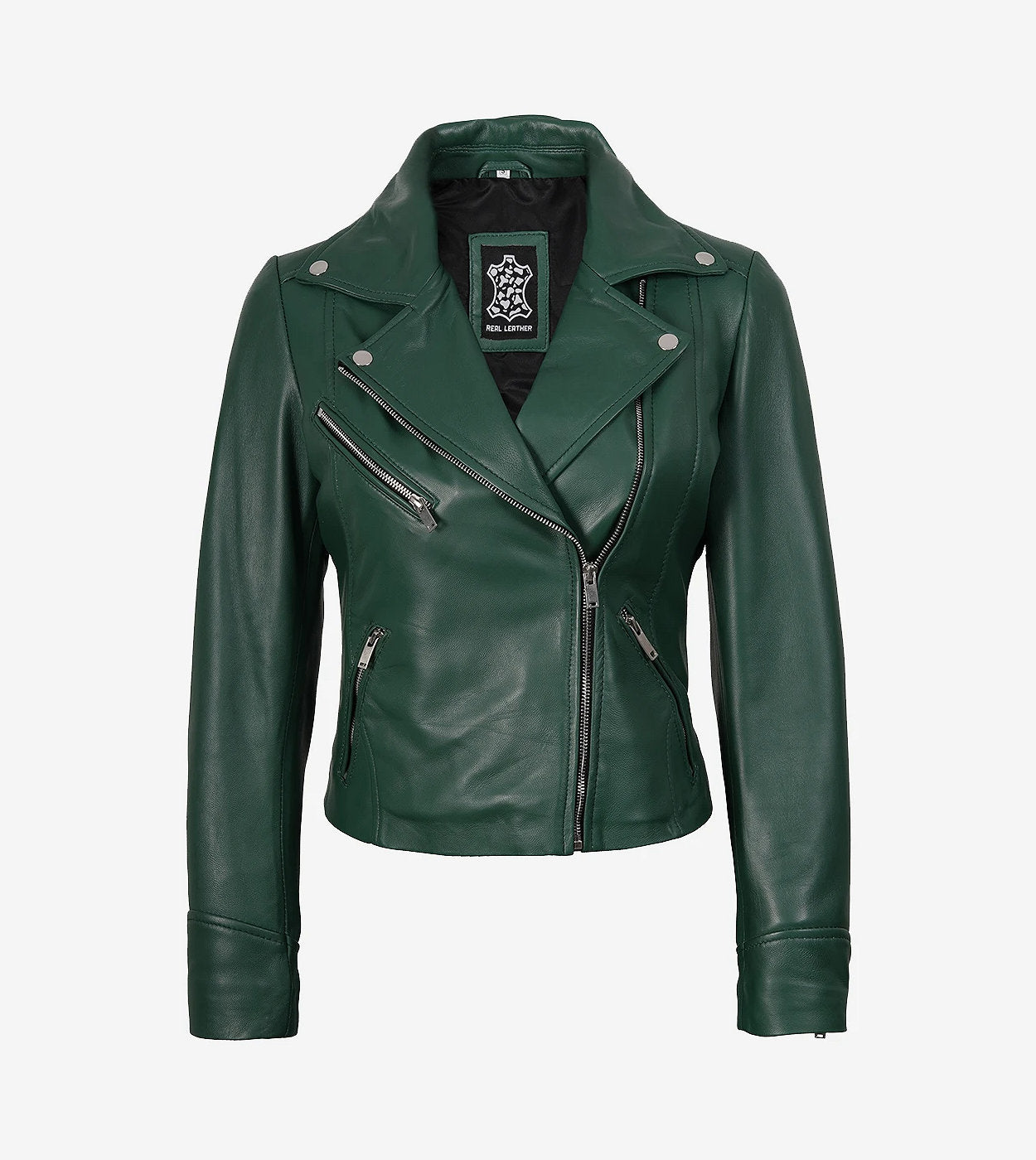 Womens Real Lambskin Leather Green Moto Jacket