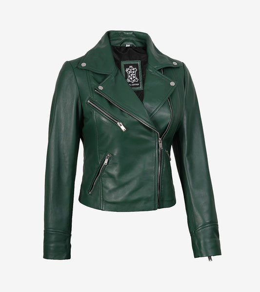 Womens Real Lambskin Leather Green Moto Jacket