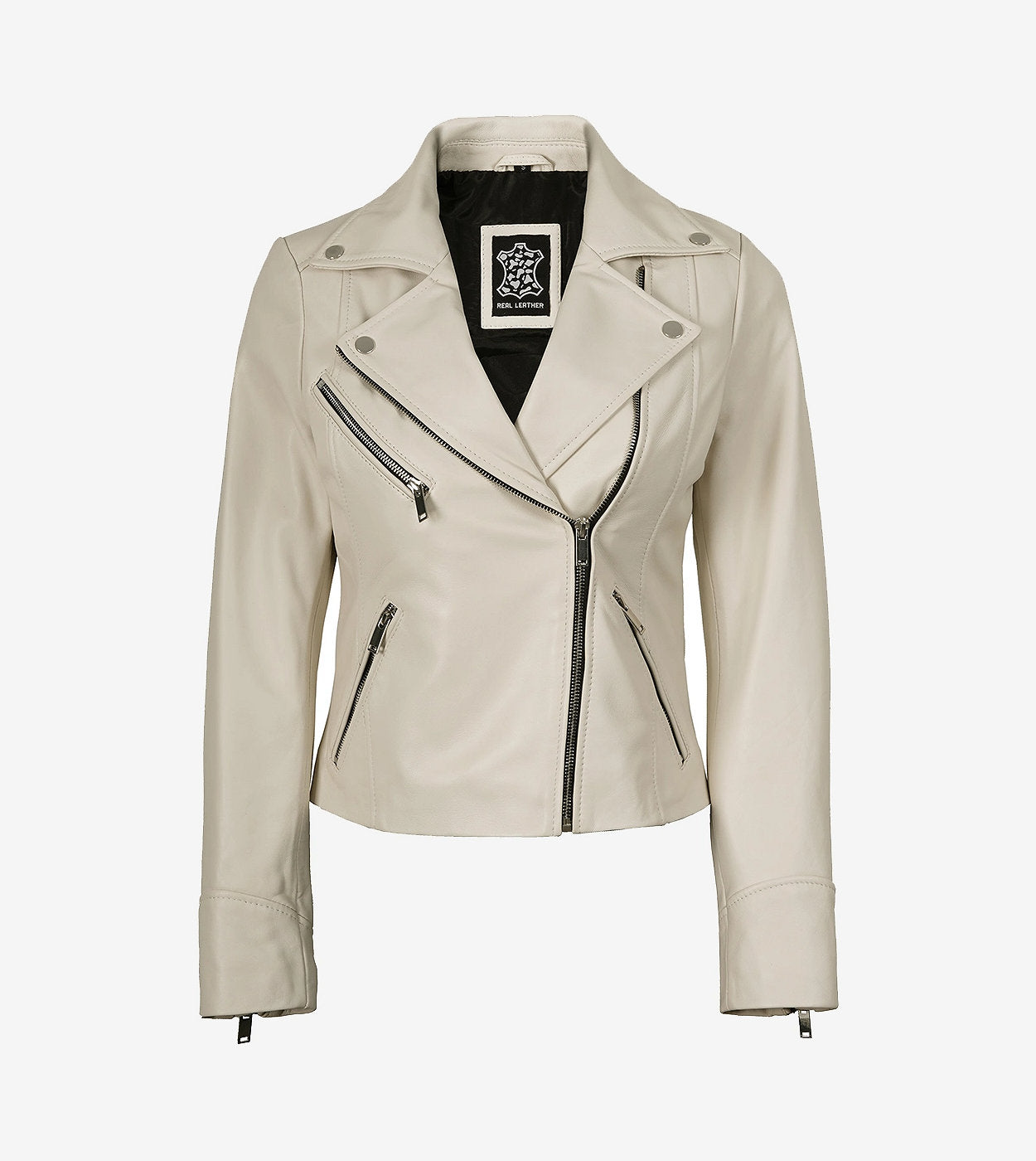 Womens Real Lambskin Leather Off White Moto Jacket