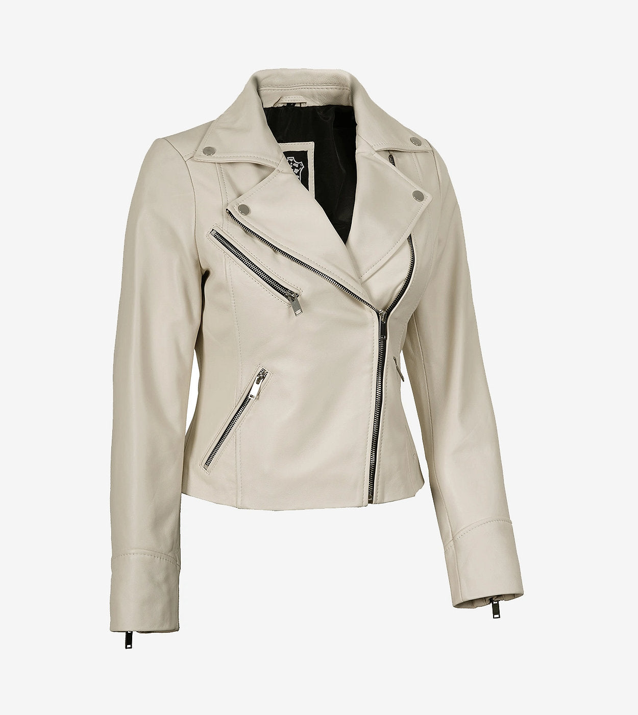 Womens Real Lambskin Leather Off White Moto Jacket