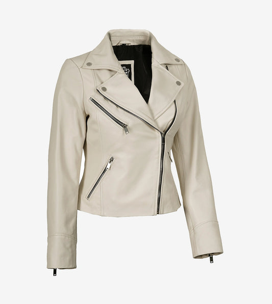 Womens Real Lambskin Leather Off White Moto Jacket