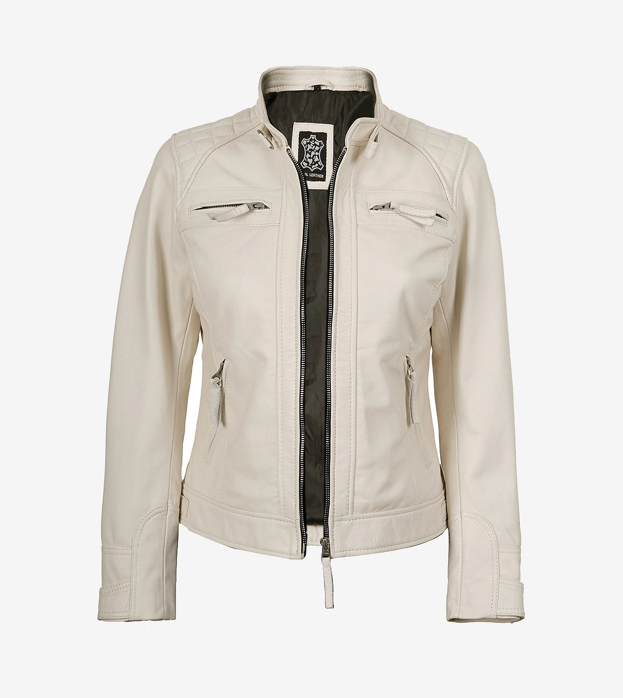 Womens Real Lambskin Leather Off White Quilted Biker Jacket