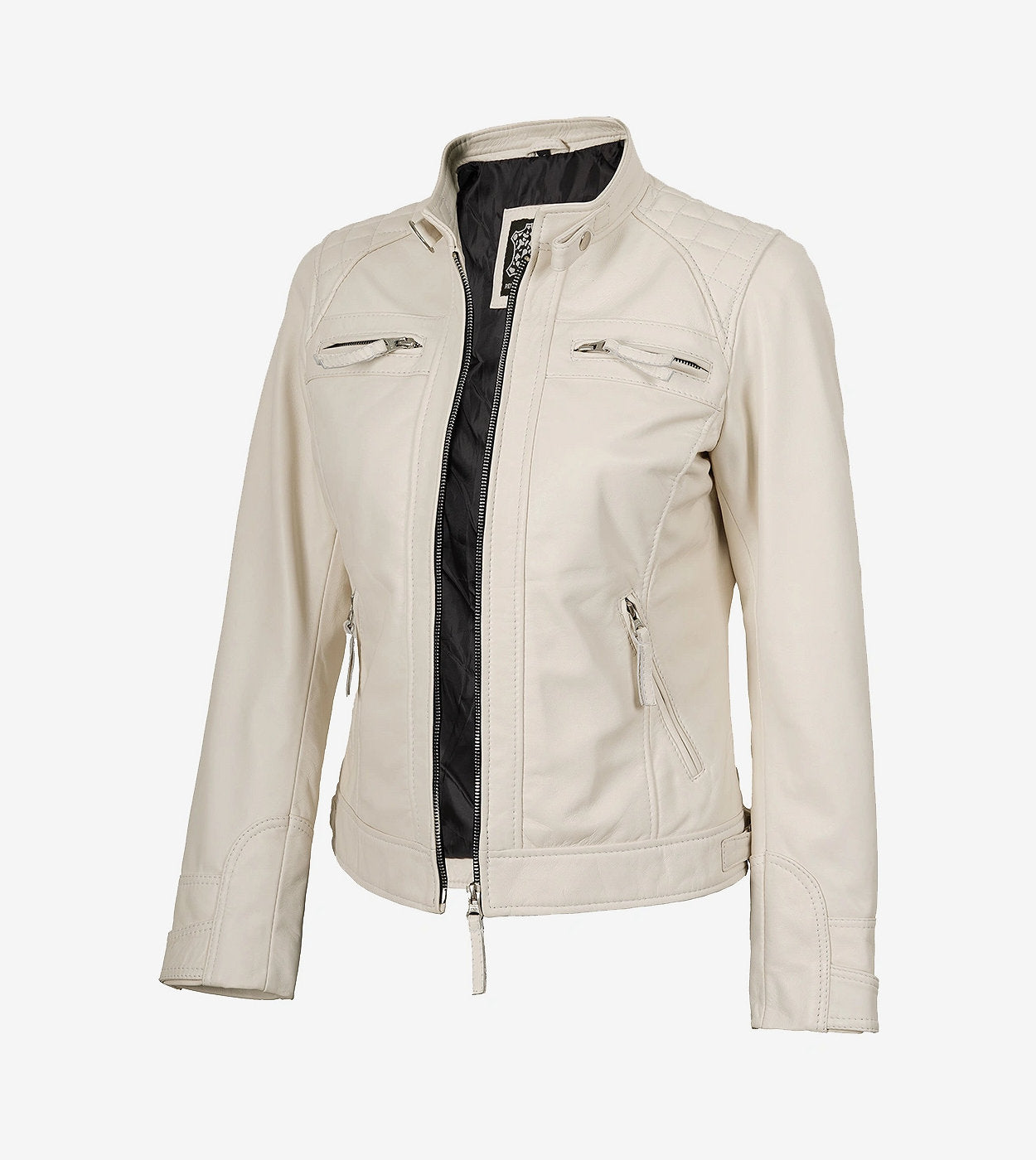 Womens Real Lambskin Leather Off White Quilted Biker Jacket