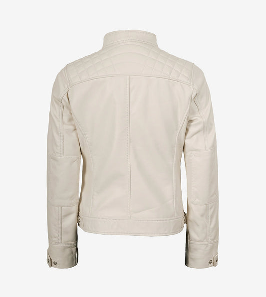 Womens Real Lambskin Leather Off White Quilted Biker Jacket