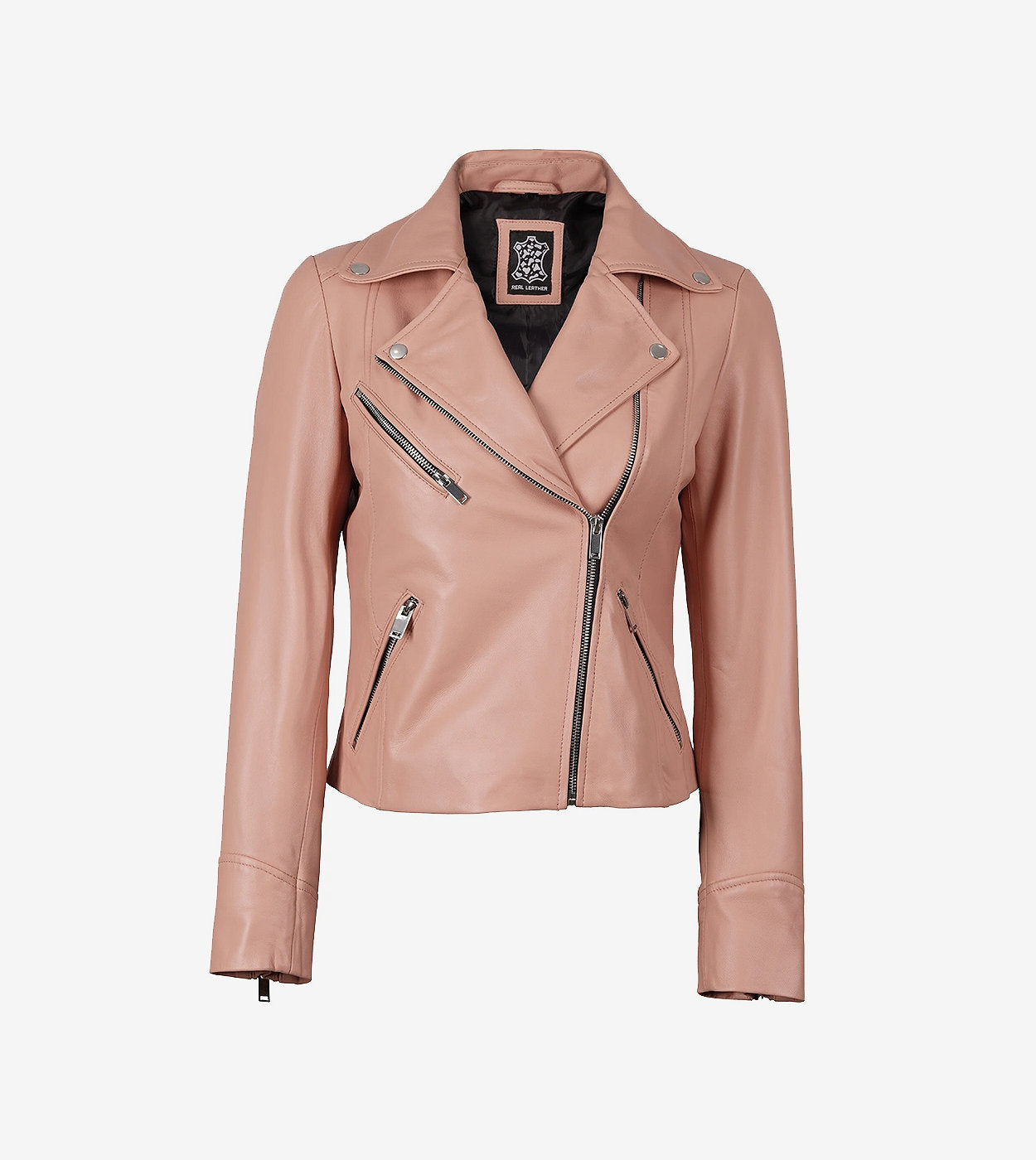 Womens Real Lambskin Leather Pink Asymmetrcial Style Jacket