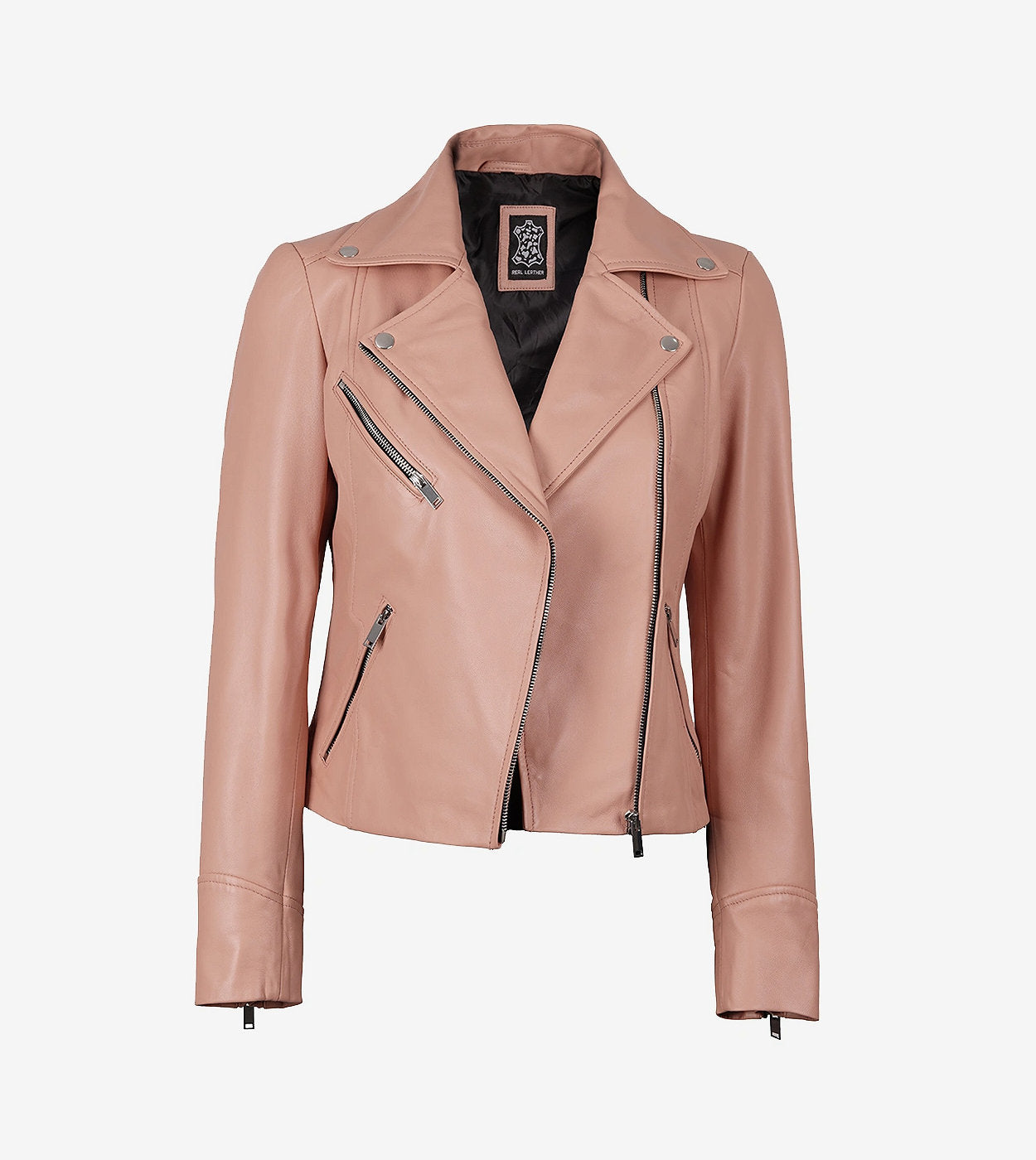 Womens Real Lambskin Leather Pink Asymmetrcial Style Jacket
