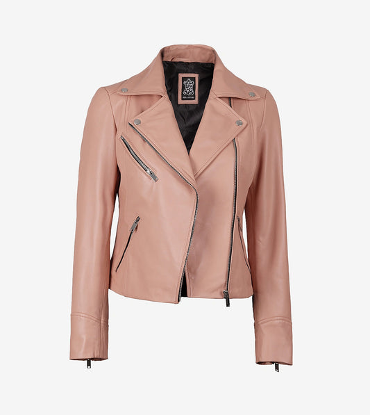 Womens Real Lambskin Leather Pink Asymmetrcial Style Jacket