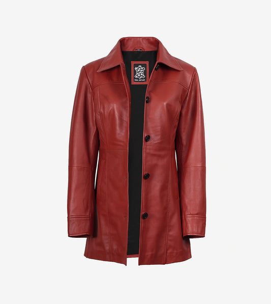 Womens Real Lambskin Leather Red Car Coat
