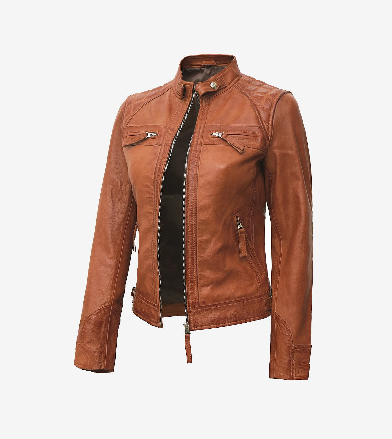 Womens Real Lambskin Leather Tan Quilted Biker Jacket