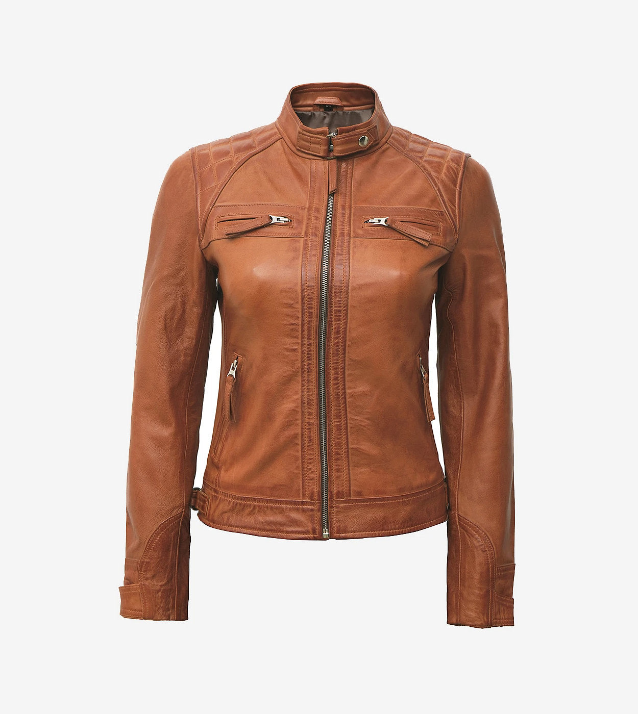 Womens Real Lambskin Leather Tan Quilted Biker Jacket