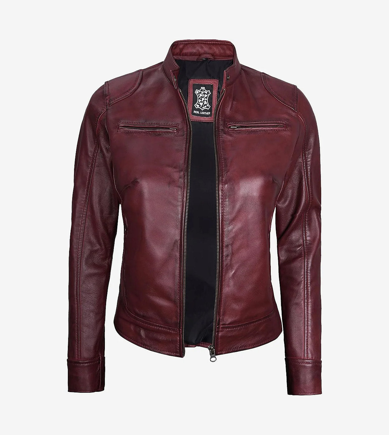 Womens Real Leather Burgundy Moto Jacket