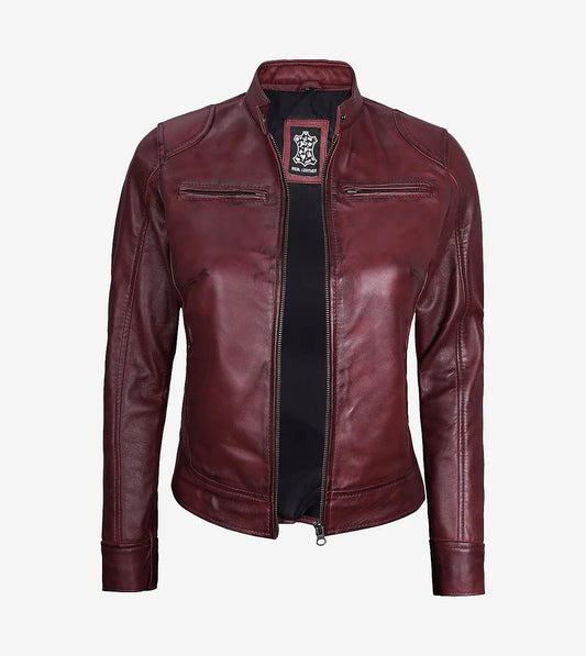 Womens Real Leather Burgundy Moto Jacket