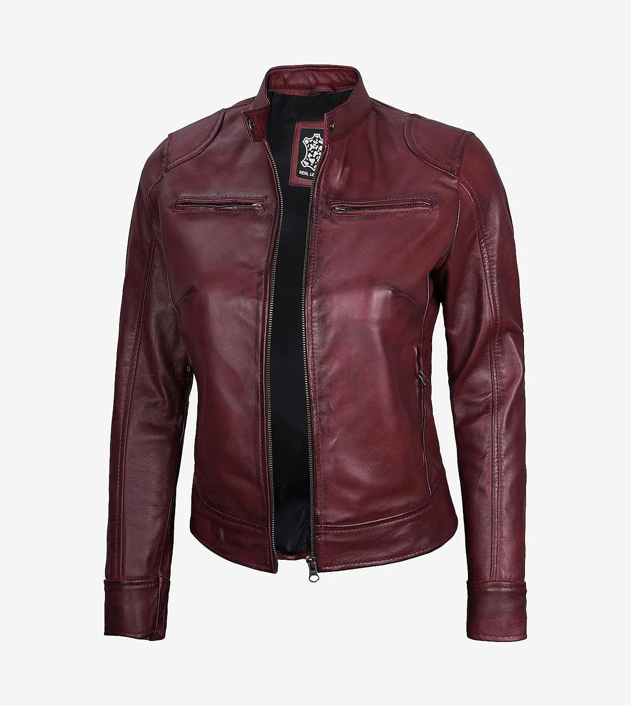 Womens Real Leather Burgundy Moto Jacket