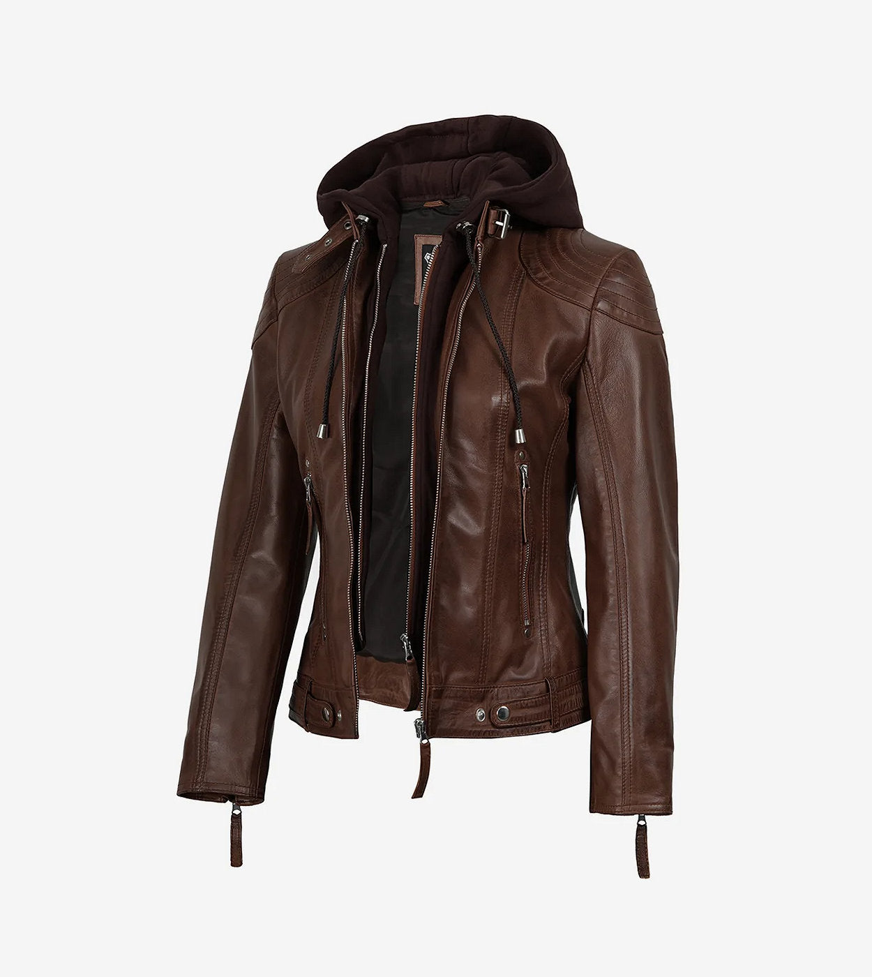 Womens Real Leather Cognac Jacket With Hood