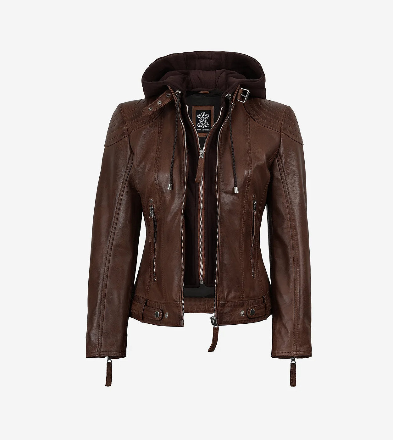 Womens Real Leather Cognac Jacket With Hood