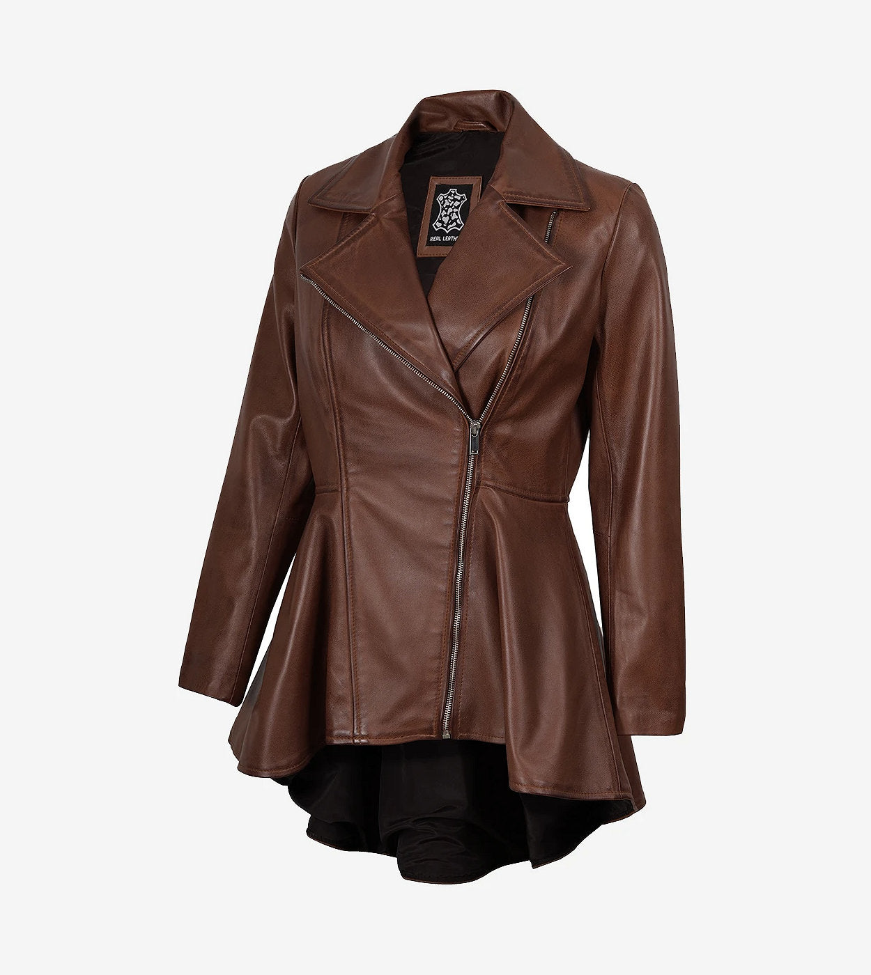 Womens Real Leather Cognac Peplum Jacket