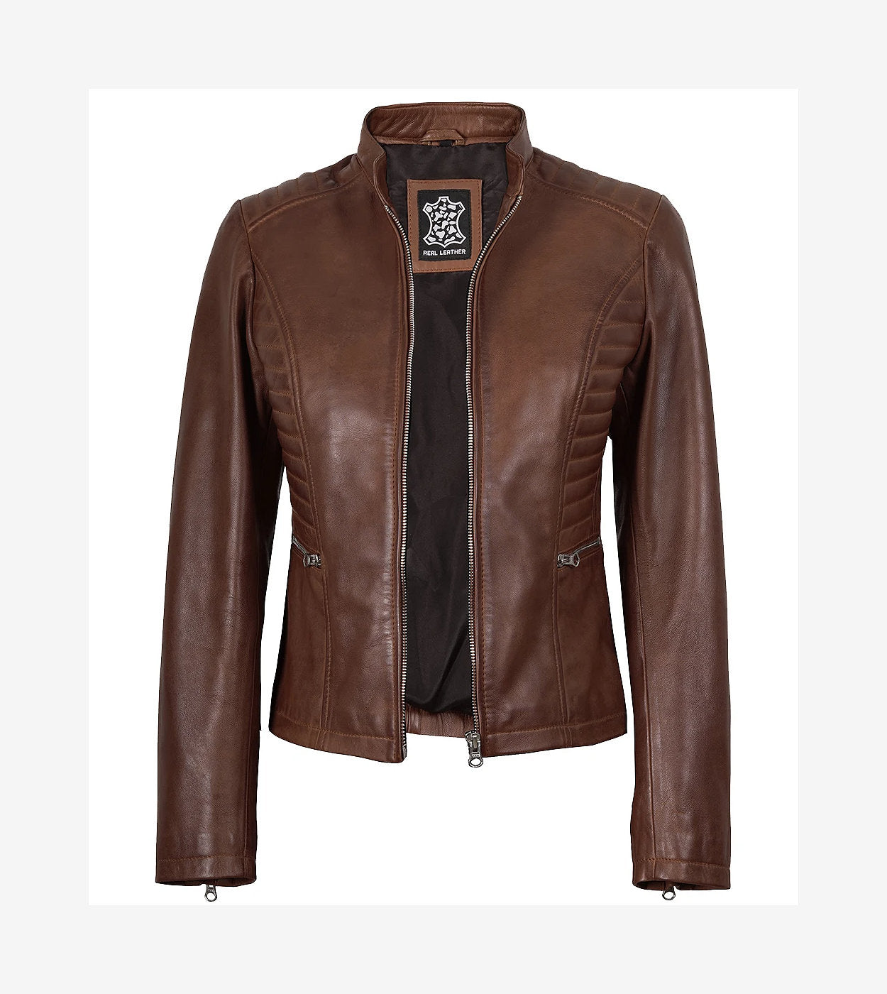 Womens Real Leather Cognac Waxed Biker Jacket