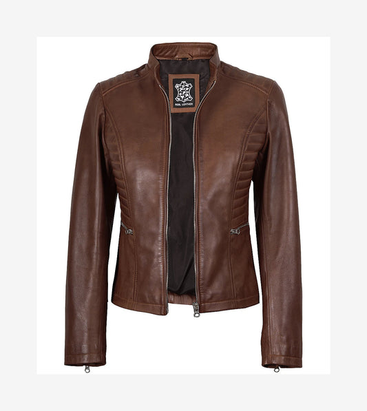 Womens Real Leather Cognac Waxed Biker Jacket