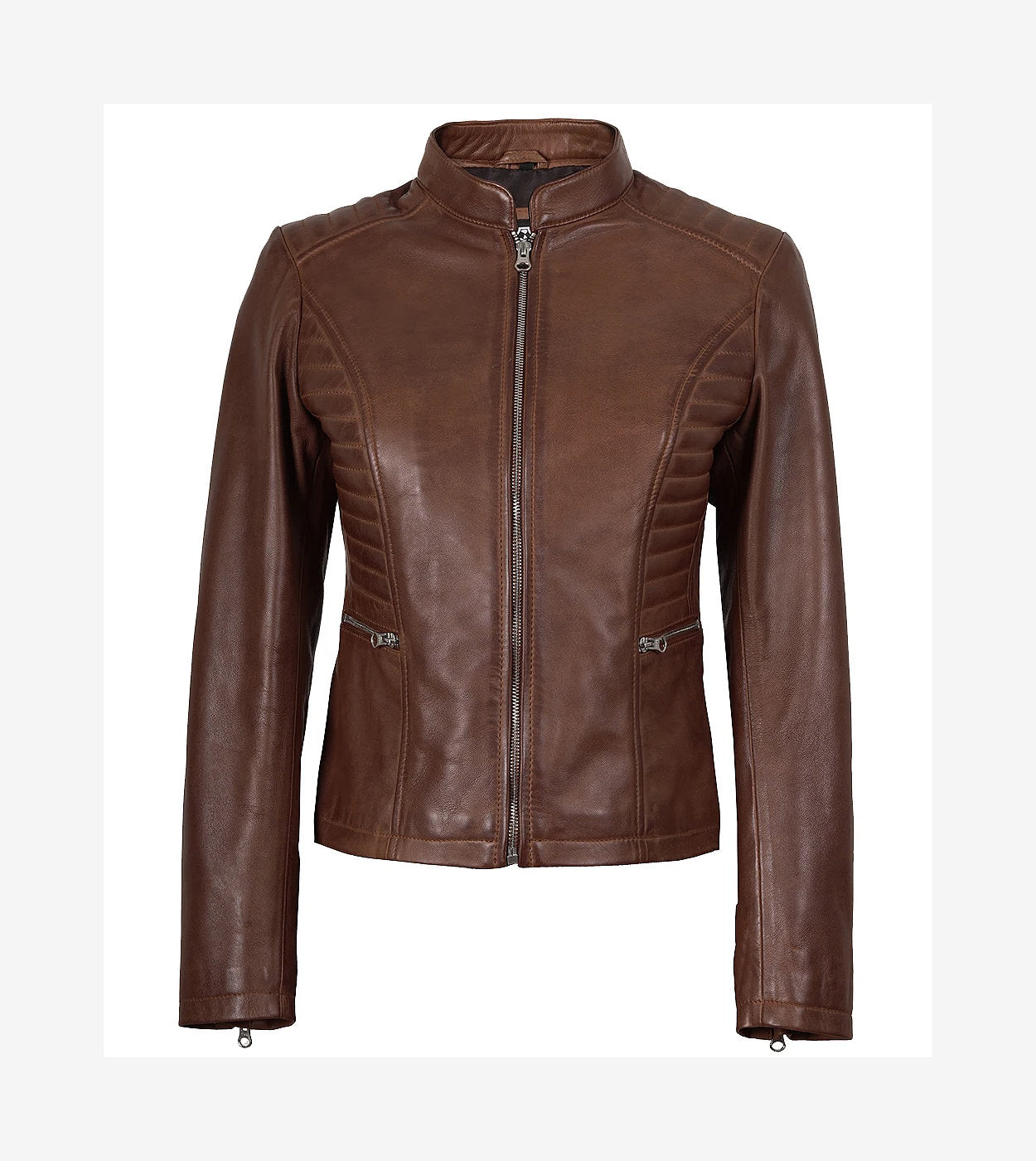 Womens Real Leather Cognac Waxed Biker Jacket