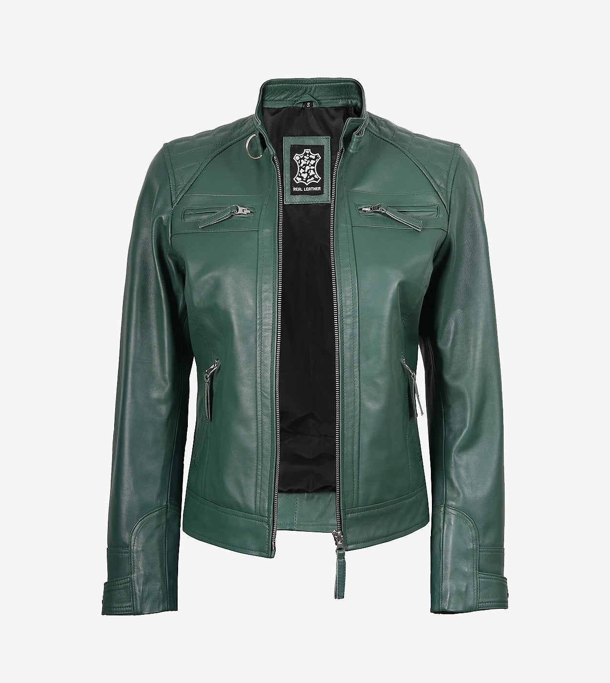 Womens Real Leather Green Cafe Racer Jacket - Quilted Shoulder