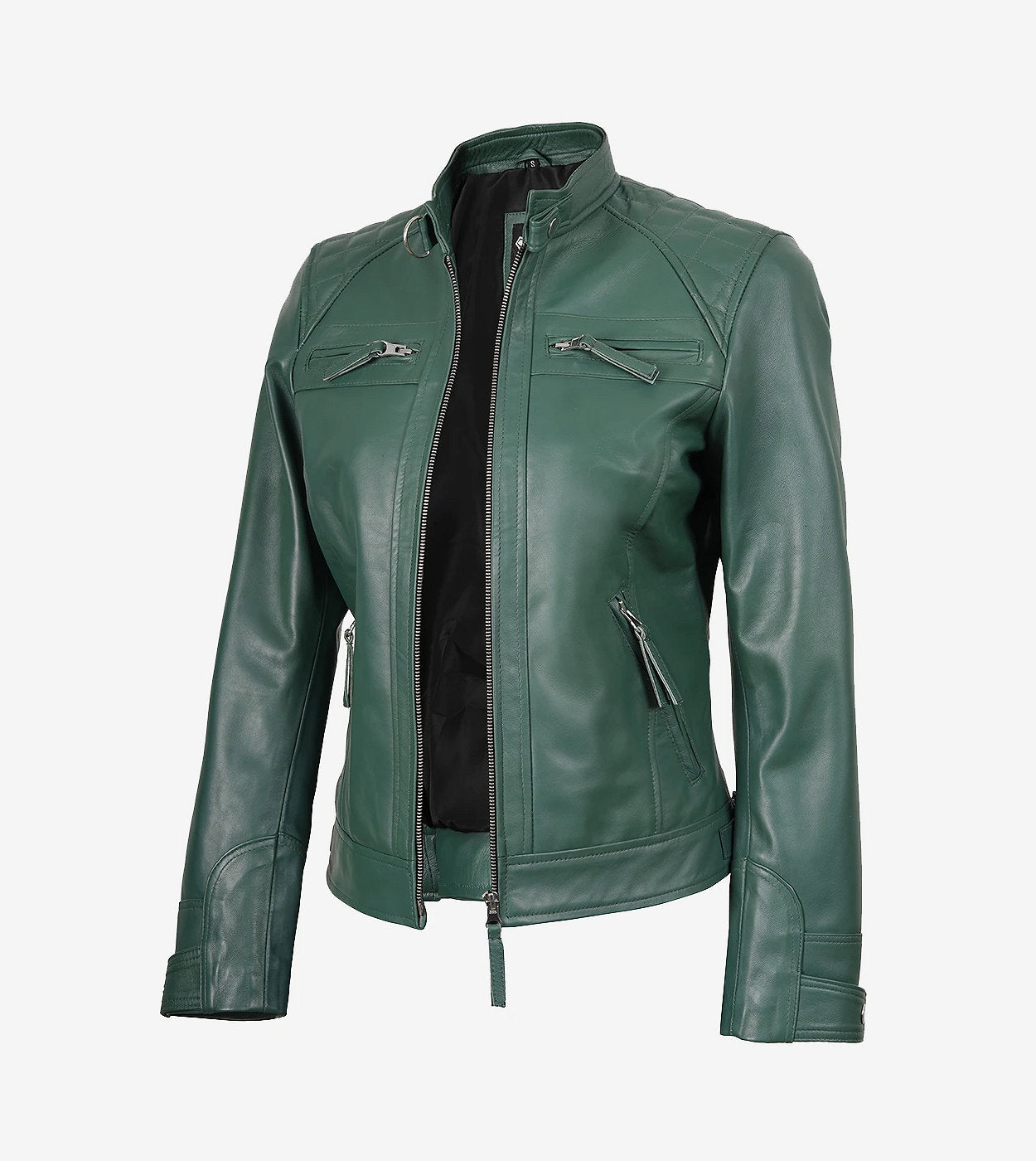 Womens Real Leather Green Cafe Racer Jacket - Quilted Shoulder