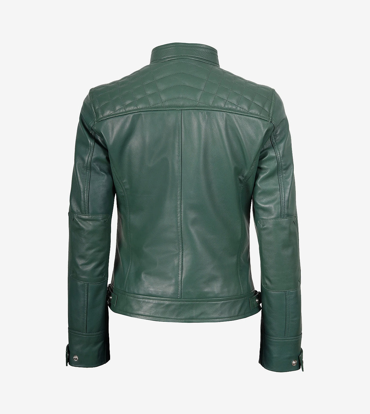Womens Real Leather Green Cafe Racer Jacket - Quilted Shoulder