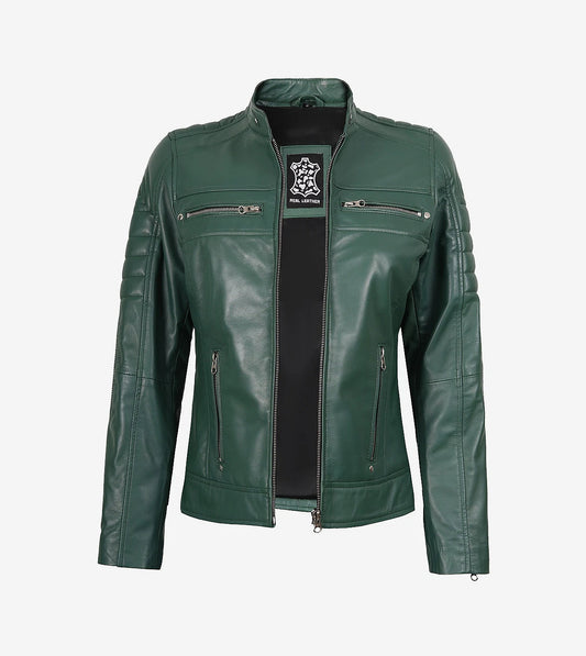 Womens Real Leather Green Motorcycle Jacket