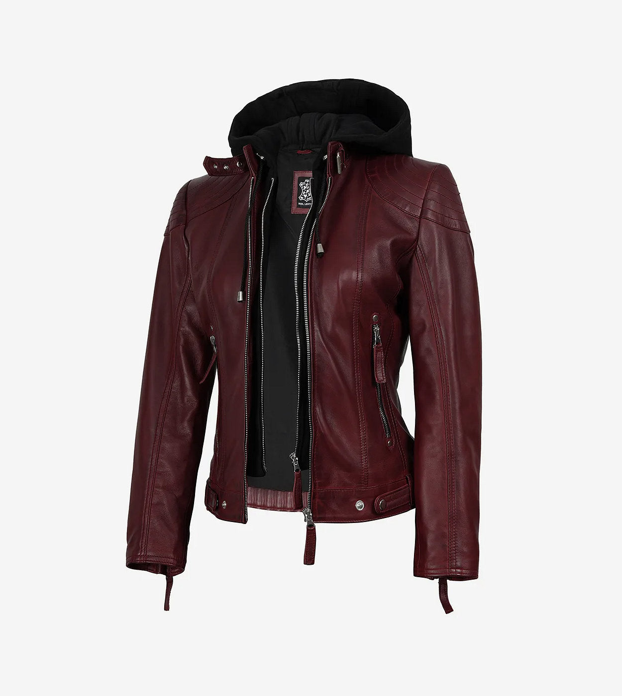 Womens Real Leather Maroon Waxed Jacket With Hood