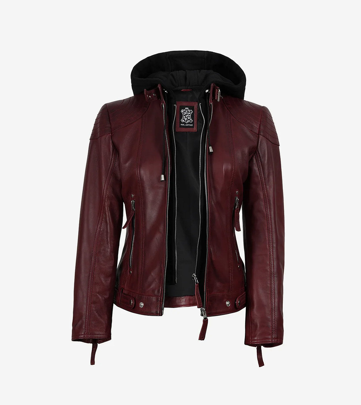 Womens Real Leather Maroon Waxed Jacket With Hood