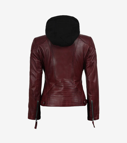 Womens Real Leather Maroon Waxed Jacket With Hood