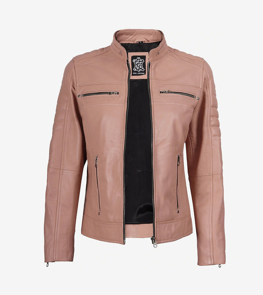 Womens Real Leather Pink Biker Style Jacket