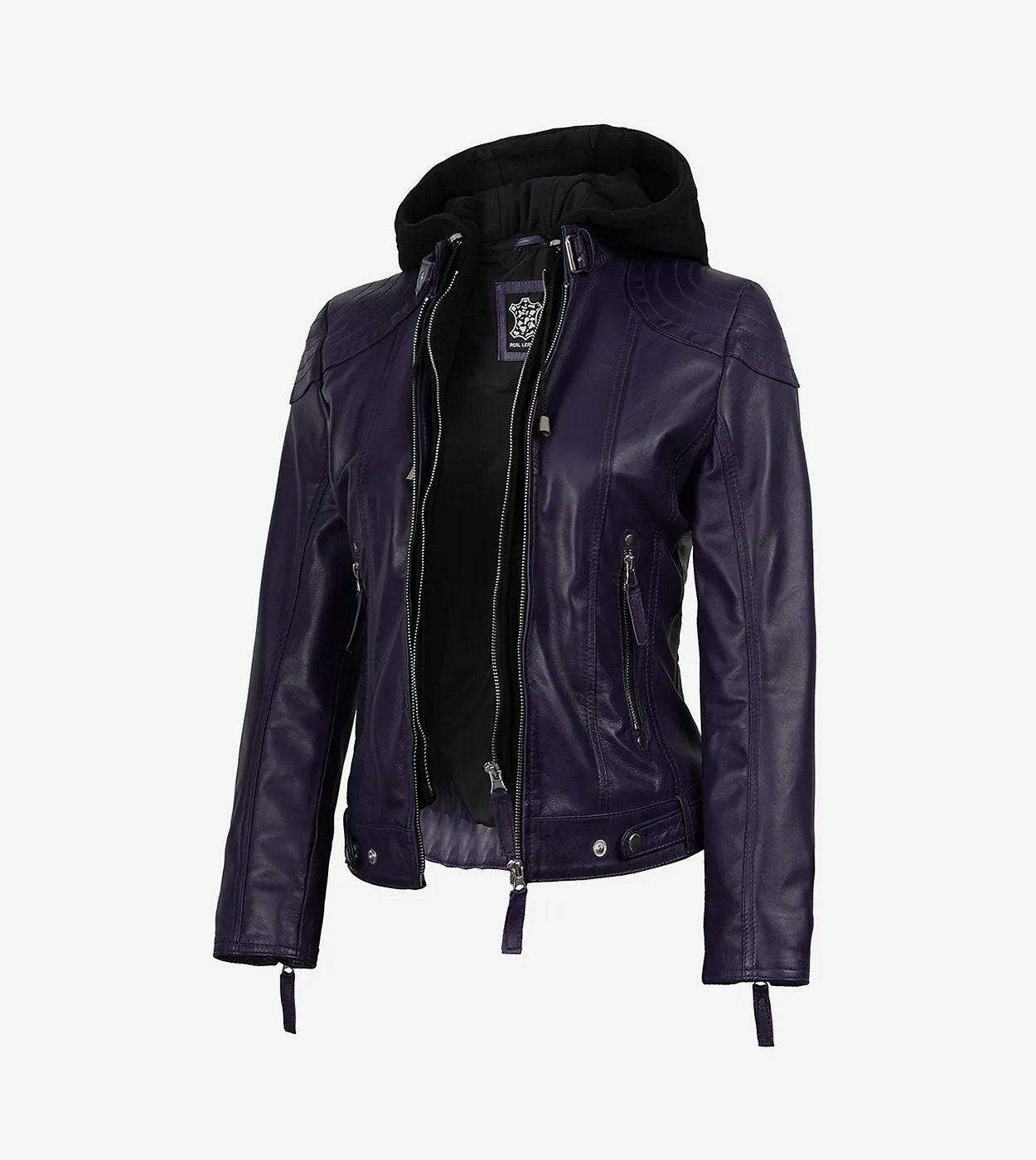 Womens Real Leather Purple Jacket With Hood