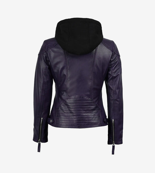Womens Real Leather Purple Jacket With Hood