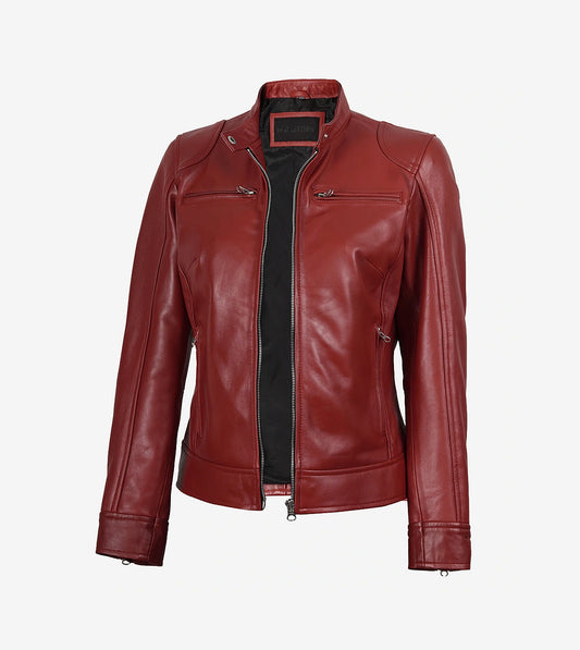 Womens Real Leather Red Moto Jacket